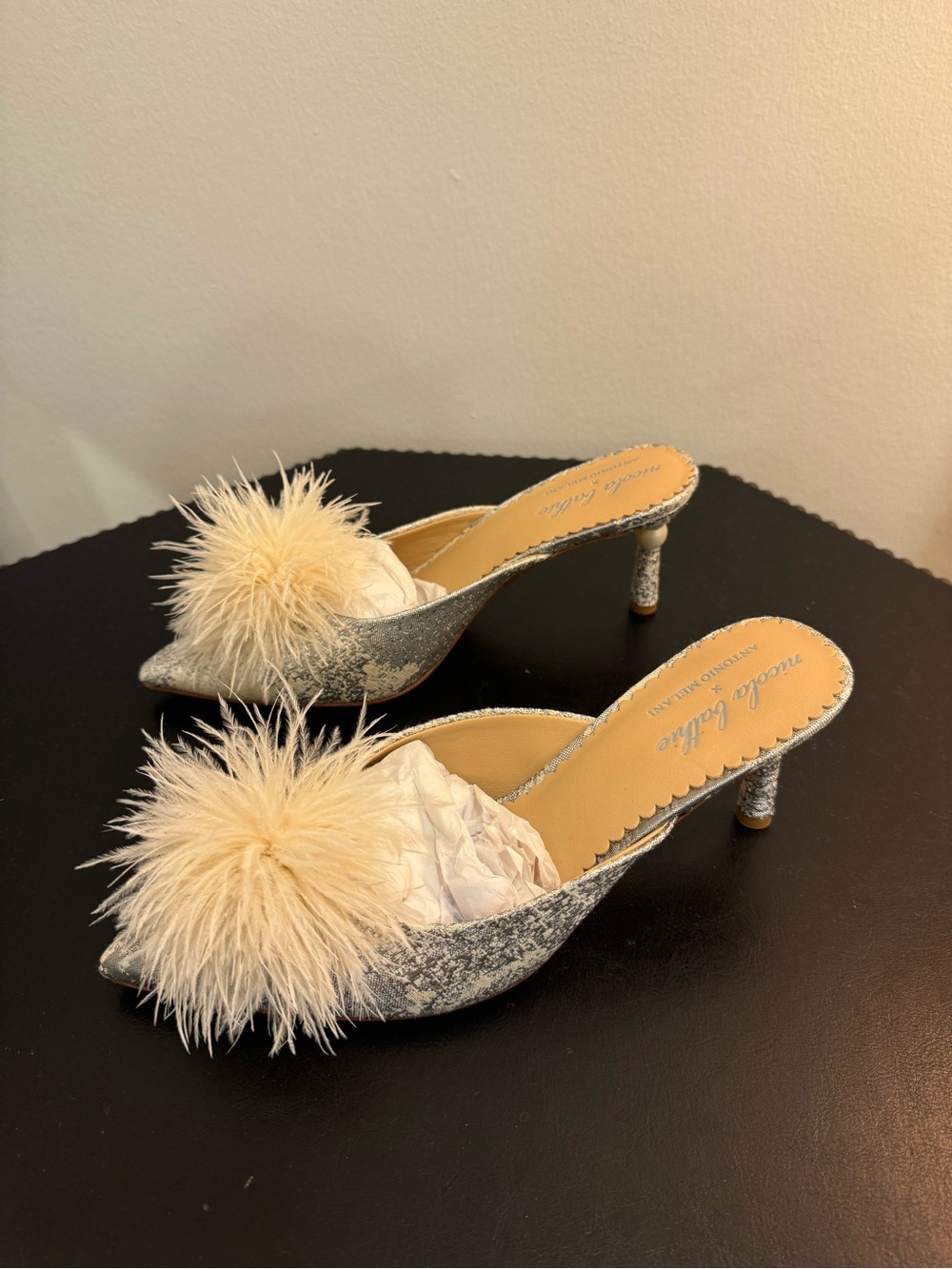 ANTONIO MELANI Silver Pointed-Toe Pom-Pom Kitten-Heel Mules